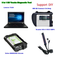 3 in 1 Doip MB SD Connect C4 Multiplexer Mercedes + V2.53.3 Scania SDP3 VCI3 Truck Scanner + 88890300 Vocom Volvo Truck Diagnostic Tool With Lenovo T430 Laptop Well Installed Software On 1TB SSD Ready To Use